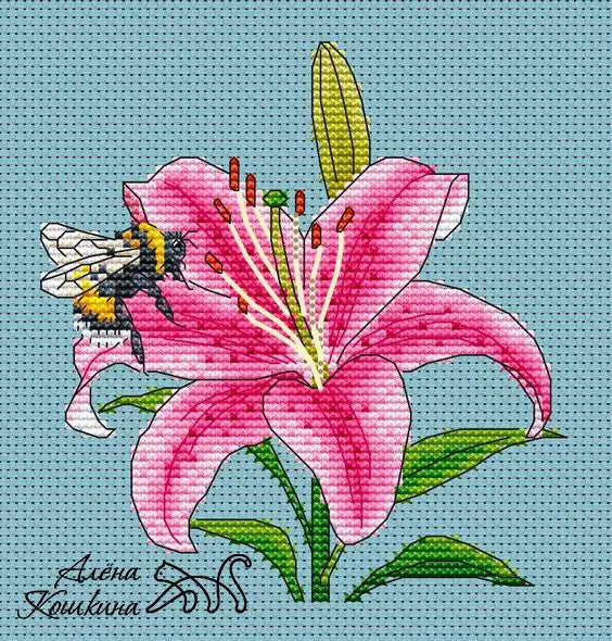 lily flower cross stitch pattern Bee on a lily