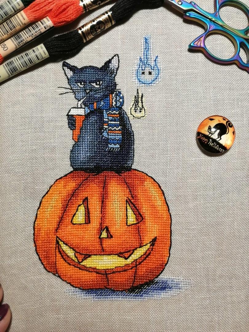Black Cat. Halloween Kitten with Pumpkin - PDF Cross Stitch Pattern ...