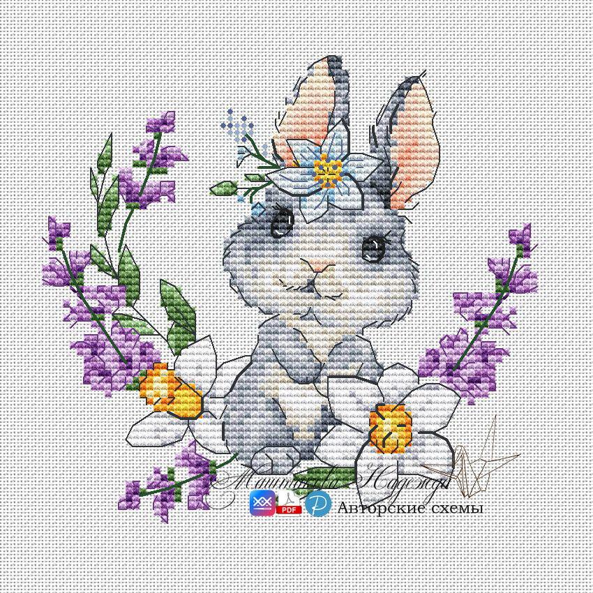 Bunny. With Violet Flowers - PDF Cross Stitch Pattern