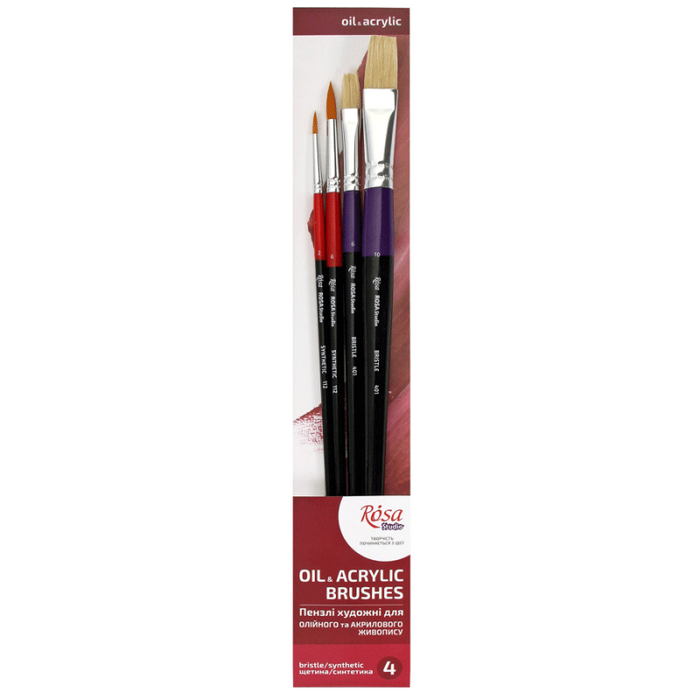 Rosa Studio Set of paint brushes 24. Mix. 4pc. Synthetic (N2,6). Bristle. (N6,10). Long Handle.