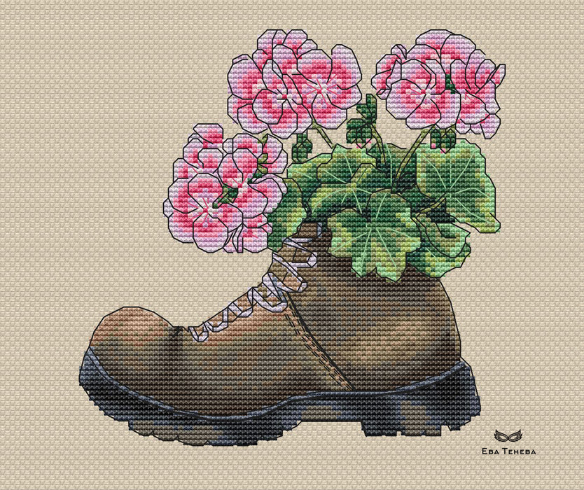 Boot with geranium - PDF Cross Stitch Pattern