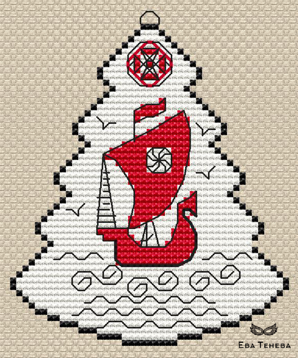 Christmas tree. Mezen painting. Ship - PDF Cross Stitch Pattern