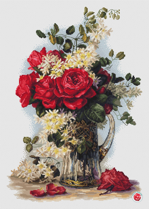 Bouquet with Red Roses and Clematis - PDF Cross Stitch Pattern