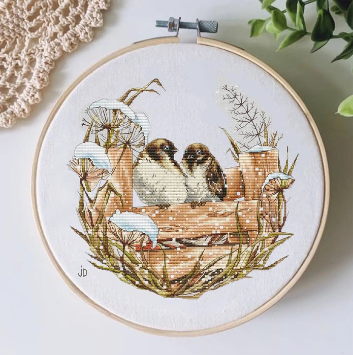 Fence. Two sparrows - PDF Cross Stitch Pattern