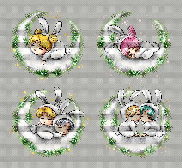 Baby rabbits. Haruka, Michiru, Usagi, Mamoru and Chibiusa - PDF Cross Stitch Pattern
