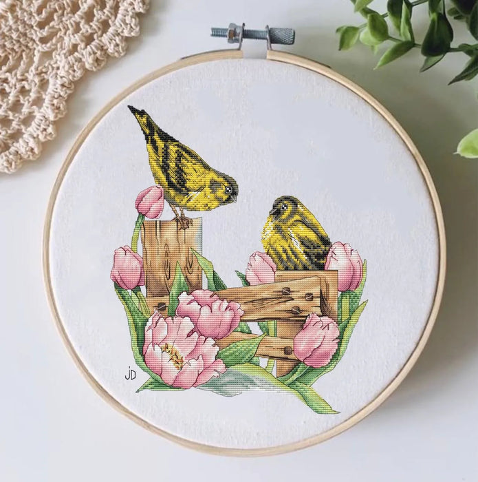 Fence. Two siskins - PDF Cross Stitch Pattern