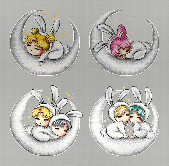 Baby rabbits. Haruka, Michiru, Usagi, Mamoru and Chibiusa - PDF Cross Stitch Pattern