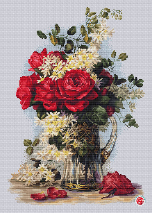 Bouquet with Red Roses and Clematis - PDF Cross Stitch Pattern