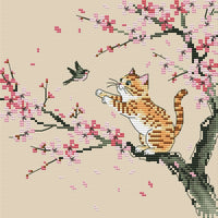 Cat on a Sakura Tree with a Bird - PDF Cross Stitch Pattern