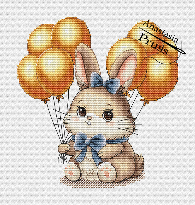 Bunny with balls (blue bow) - PDF Cross Stitch Pattern