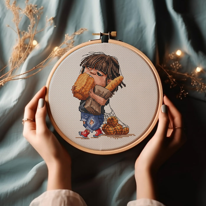 Cute Girl with Bread and Baguette - PDF Cross Stitch Pattern