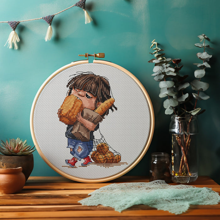 Cute Girl with Bread and Baguette - PDF Cross Stitch Pattern