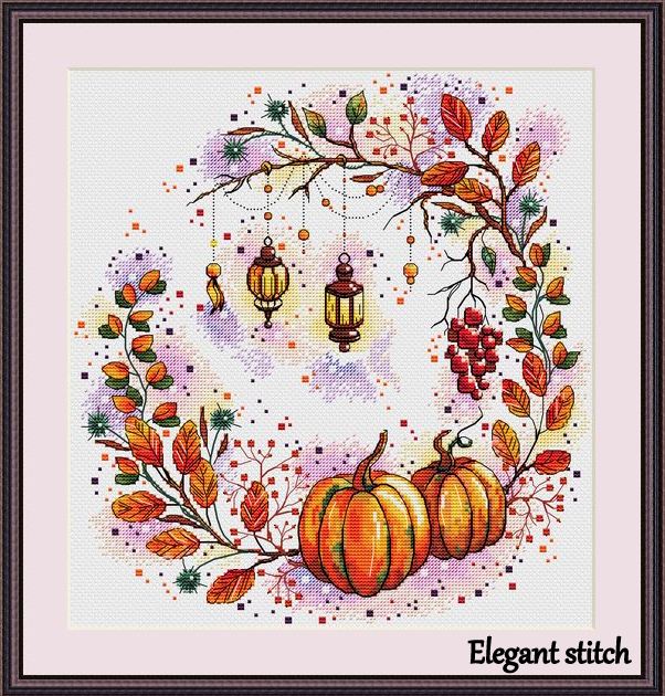 Wreath with lanterns - PDF Cross Stitch Pattern