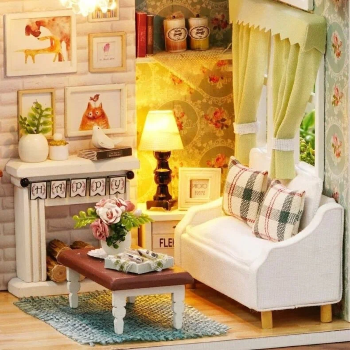 Miniature Wizardi Roombox Kit - Cozy Cottage Living Room Dollhouse Kit