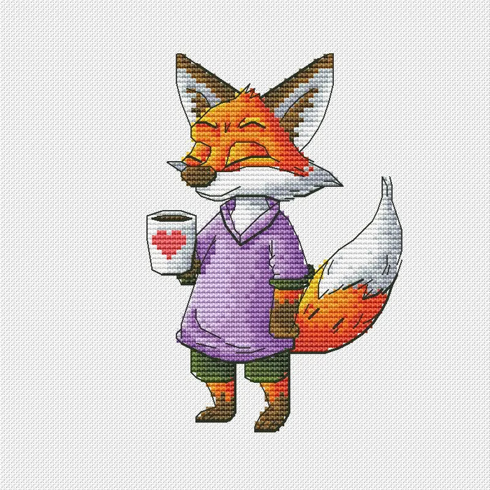 Fox with coffee  -  PDF Cross Stitch Pattern