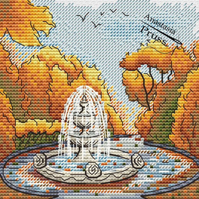 In the park by the fountain - PDF Cross Stitch Pattern