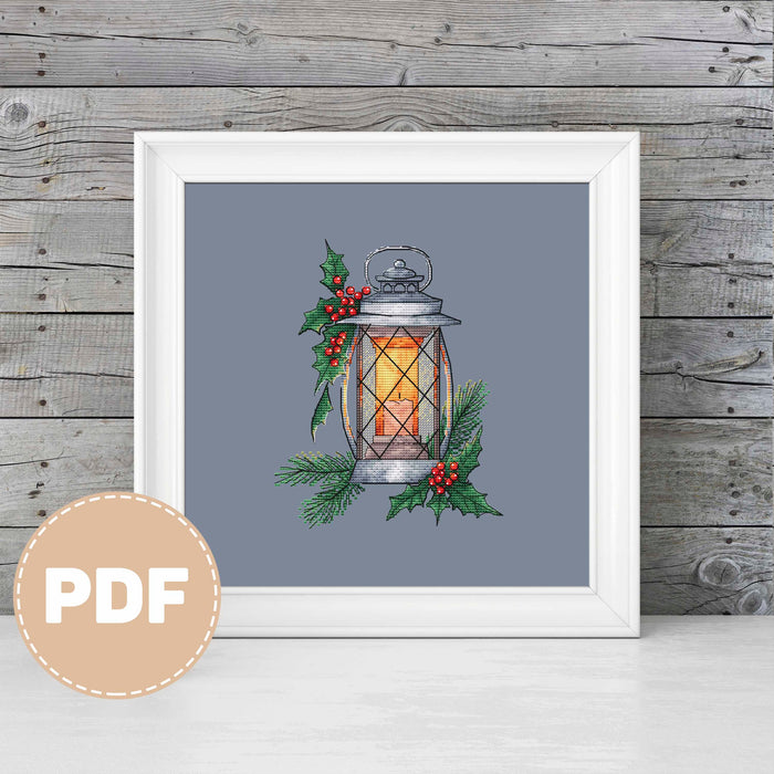 Lantern with Holly - PDF Cross Stitch Pattern