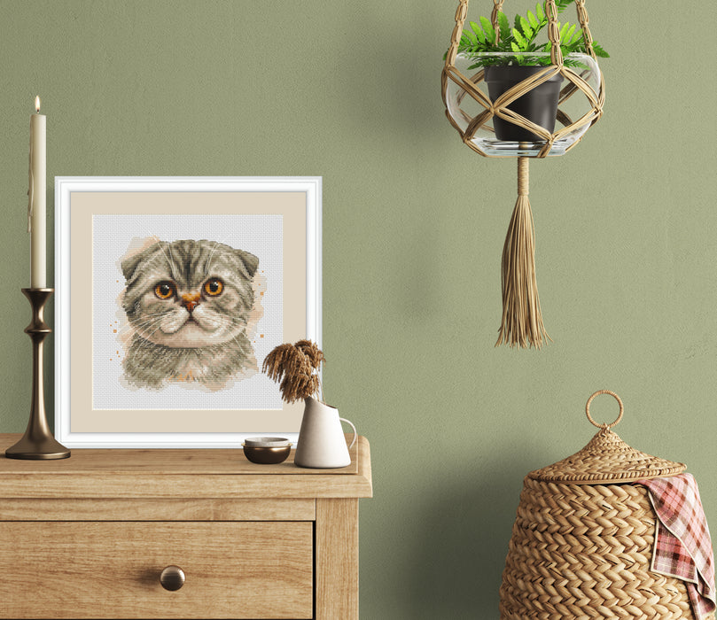 Watercolor Scottish Fold Cat - PDF Cross Stitch Pattern