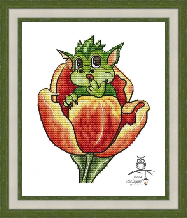 Little Dragon. in a tulip - PDF Cross Stitch Pattern