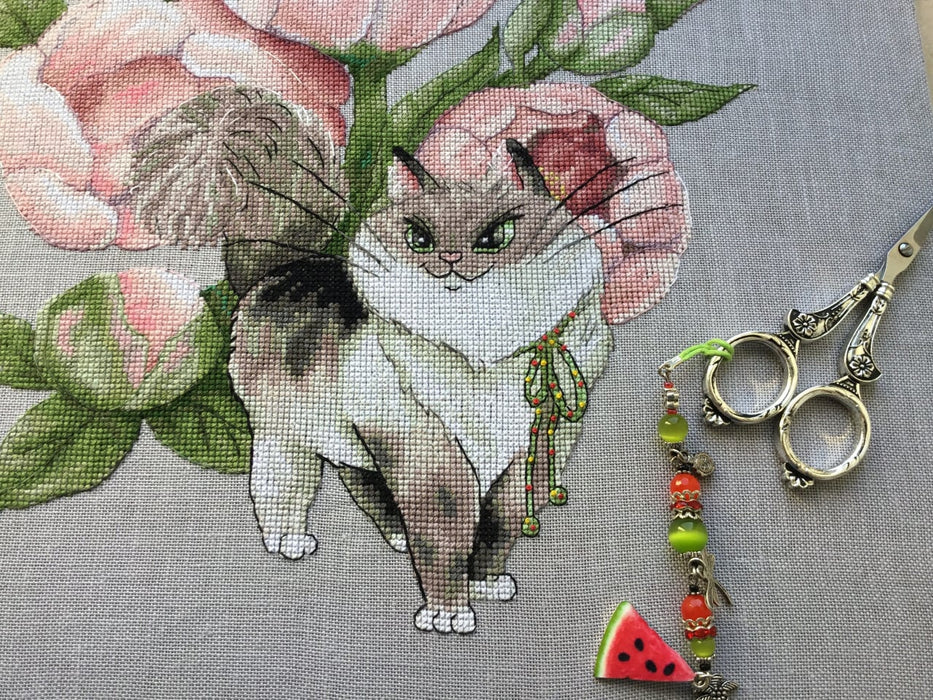 The Cat in peonies - PDF Cross Stitch Pattern