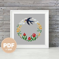 Wreath with Swallow - PDF Cross Stitch Pattern