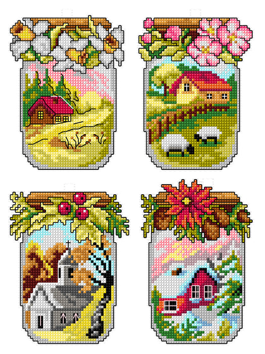 Counted cross stitch kit with plastic canvas "Four seasons jars" set of 4 designs 7698