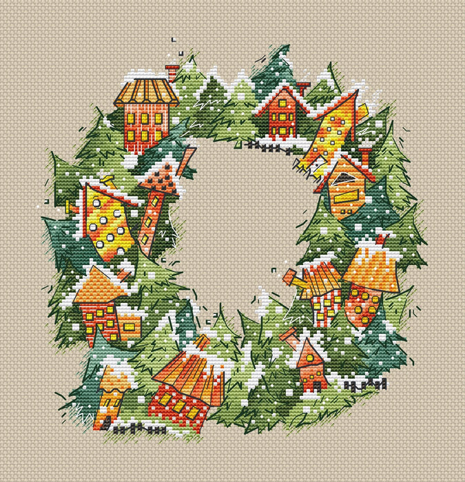 Wreath with houses - PDF Cross Stitch Pattern