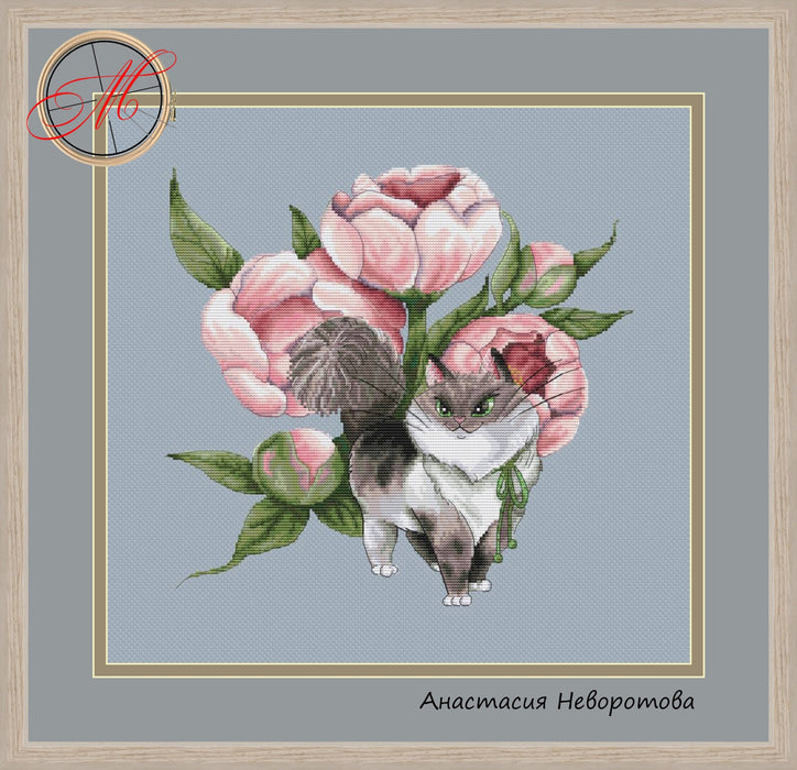 The Cat in peonies - PDF Cross Stitch Pattern