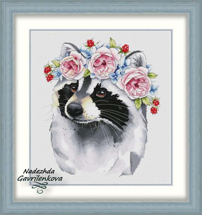 Raccoon in a wreath - PDF Cross Stitch Pattern