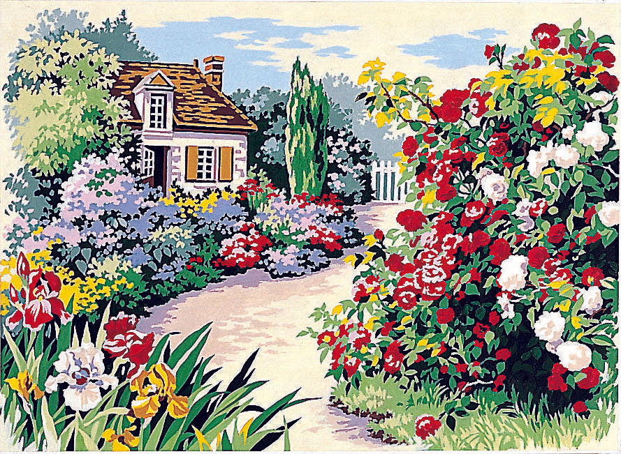 Needlepoint canvas for halfstitch without yarn Canvas Rose SE929.287 Seg De Paris Printed Tapestry Canvas with Flowerful Garden and House