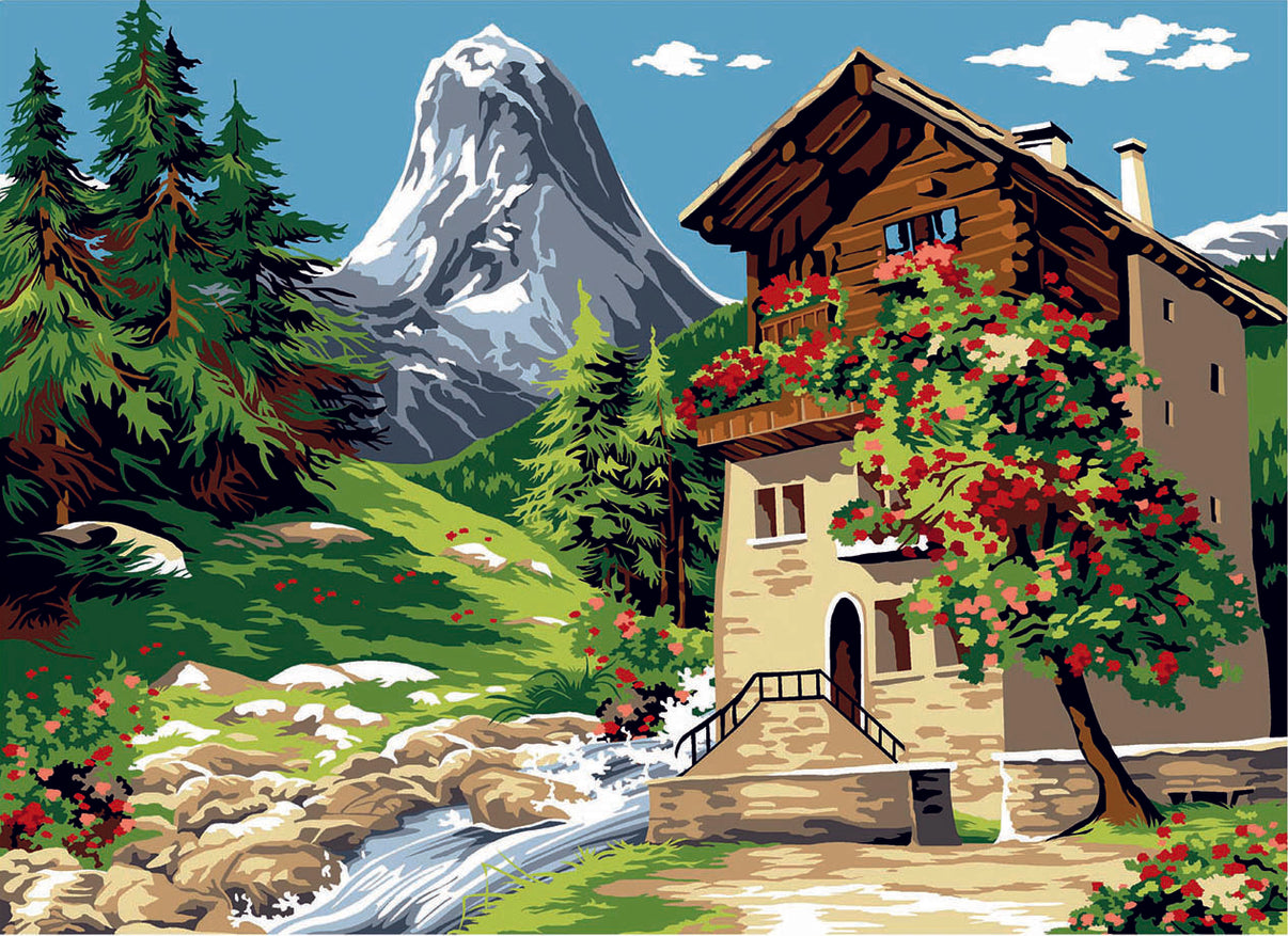 Needlepoint canvas for halfstitch without yarn Canvas The Peaks SE929.467 Seg De Paris Printed Tapestry Canvas with Mountain Landscape and House