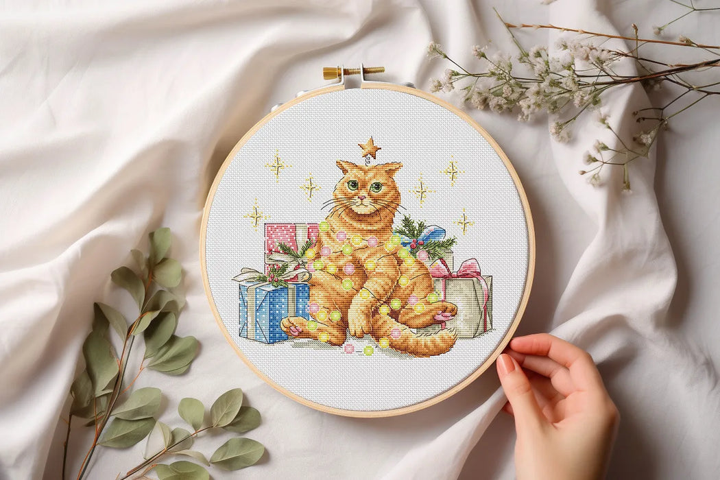 Festive Orange Cat Comb - PDF Cross Stitch Pattern