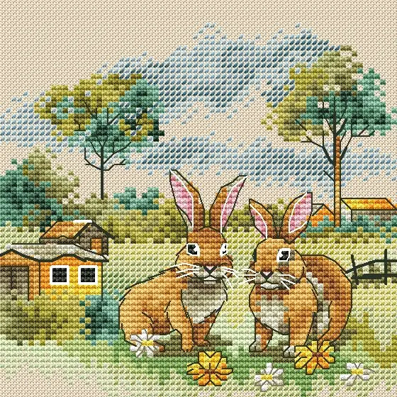 Rural Landscape. Rabbits - PDF Cross Stitch Pattern