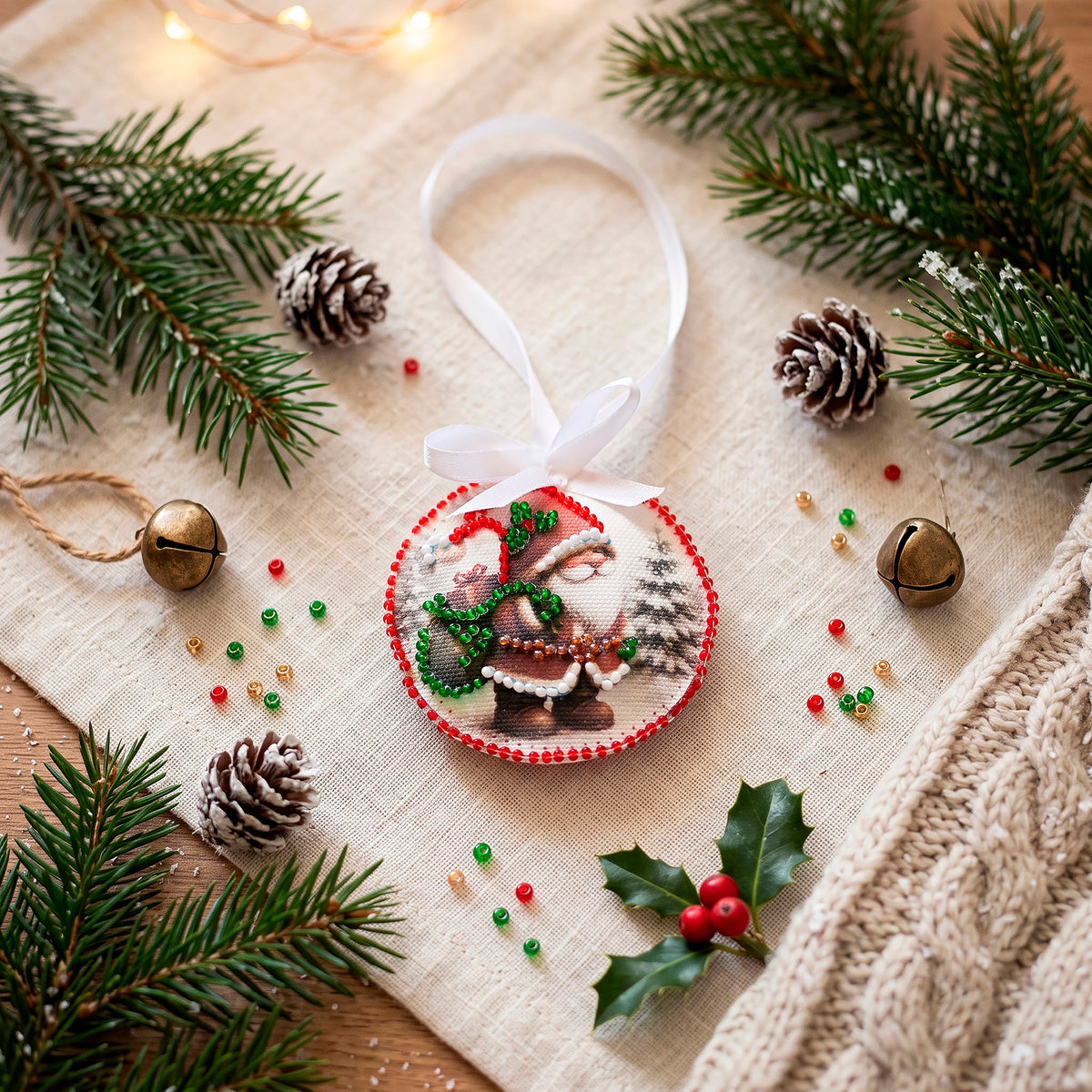Christmas Anticipation Santa and Snowman Christmas Ornament Bead Embroidery Kit ABT-E-002 - Wizardi