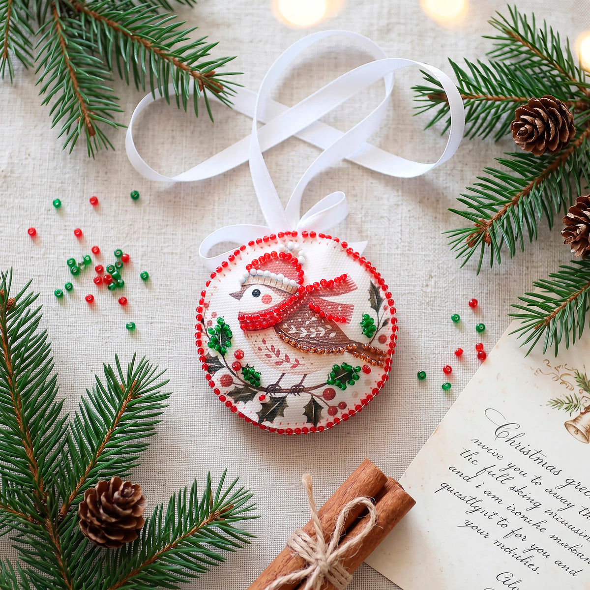Christmas Song Bird and Cottage Christmas Ornament Bead Embroidery Kit ABT-E-003 - Wizardi