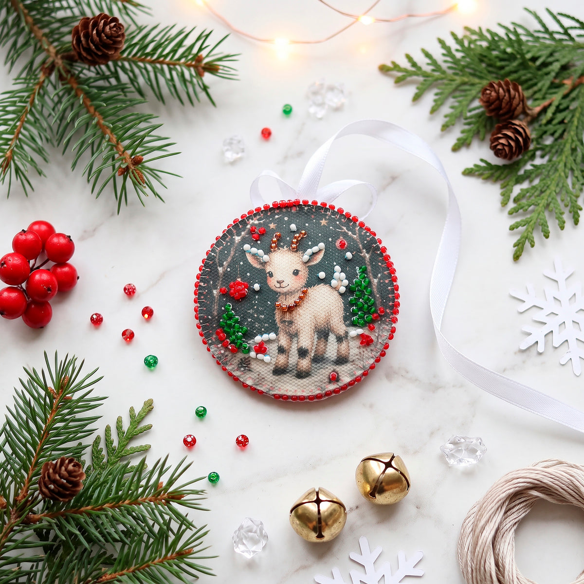 Winter Carol Kid Goat Christmas Ornament Bead Embroidery Kit ABT-E-005 - Wizardi