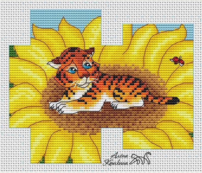 Tiger cub on a sunflower - PDF Cross Stitch Pattern