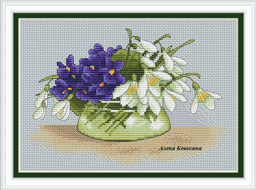 Violets and snowdrops in a vase - PDF Cross Stitch Pattern