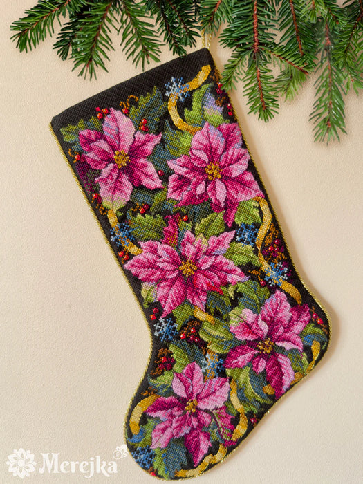 Pink Poinsettia Christmas Stocking K-262 Counted Cross-Stitch Kit