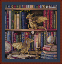 The Moth Hunters K-266 Counted Cross-Stitch Kit with two dragons on the bookshelf