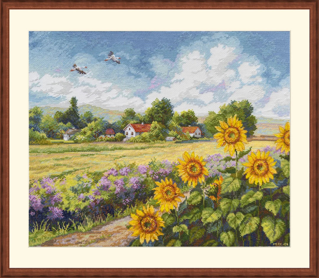 The Way Home K-273 Counted Cross-Stitch Kit landscape with Sunflowers and a Village
