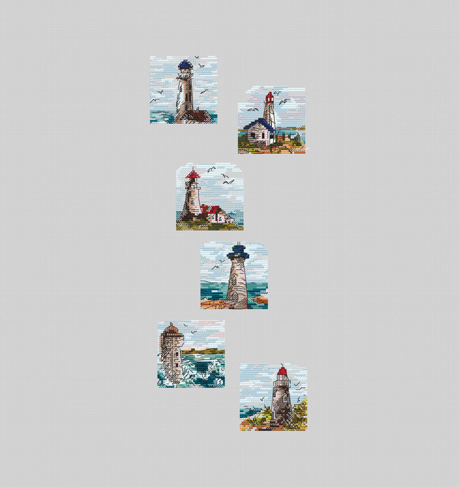 Mini Stamp Series. Set of 6 Mini Lighthouses - PDF Cross Stitch Pattern