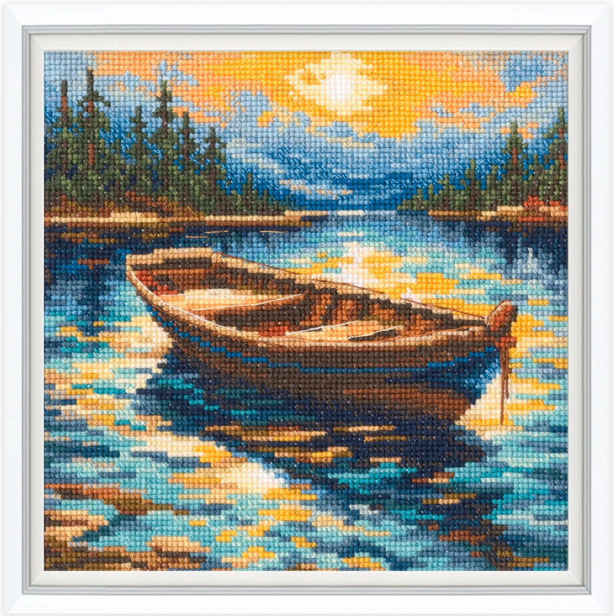 Cross-stitched artwork of a boat on a lake with a sunset