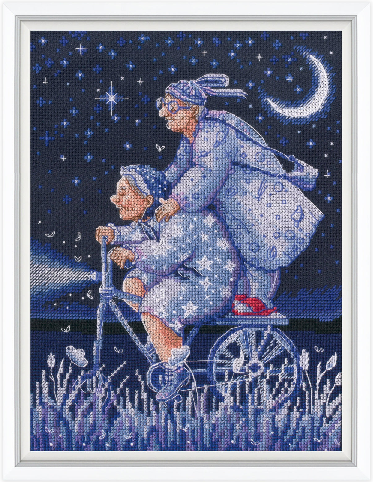 Cross-stitched artwork of an elderly couple in blue pajamas riding a moon-shaped bike under a starry night sky.
