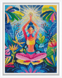 Colorful cross-stitch pattern of a person in a yoga pose surrounded by nature.