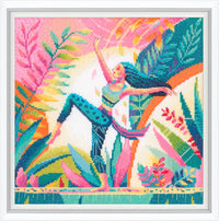 Colorful cross-stitch pattern of a woman in a tropical setting with vibrant foliage.