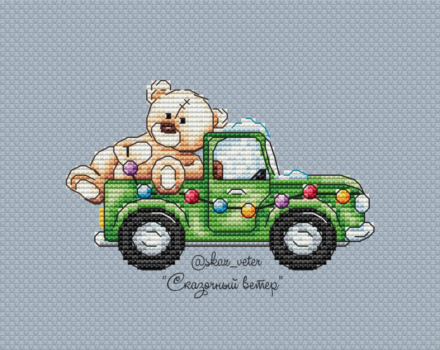 Car with a bear - PDF Cross Stitch Pattern