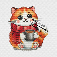 Red-haired Cat with Coffee - PDF Cross Stitch Pattern