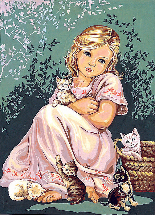 Needlepoint canvas for halfstitch without yarn Canvas Little Girl with Cats SE929.116 Seg De Paris Printed Tapestry Canvas