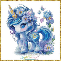 Unicorn Blue Flowers - PDF Cross Stitch Pattern